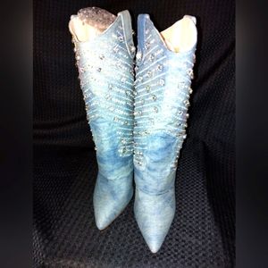 SASSY Denim Rhinestone High Heel Cowgirl Boots